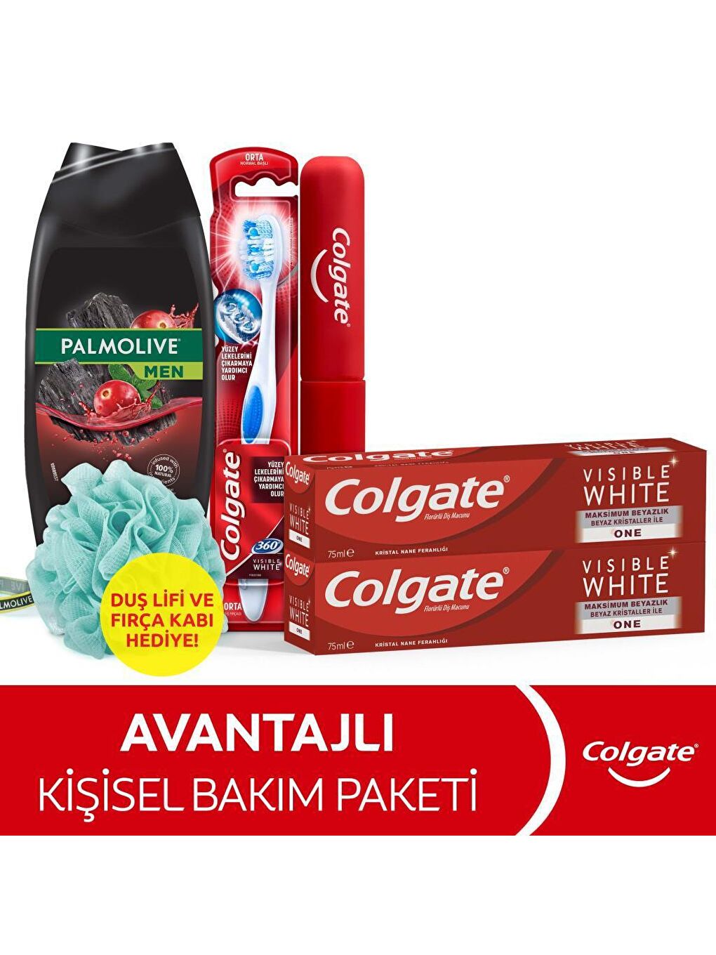 Colgate Karışık Diş Macunu 75 ml X2, Orta Diş Fırçası, Palmolive Men Duş Jeli 500 ml + Duş Lifi & Fırça Kabı