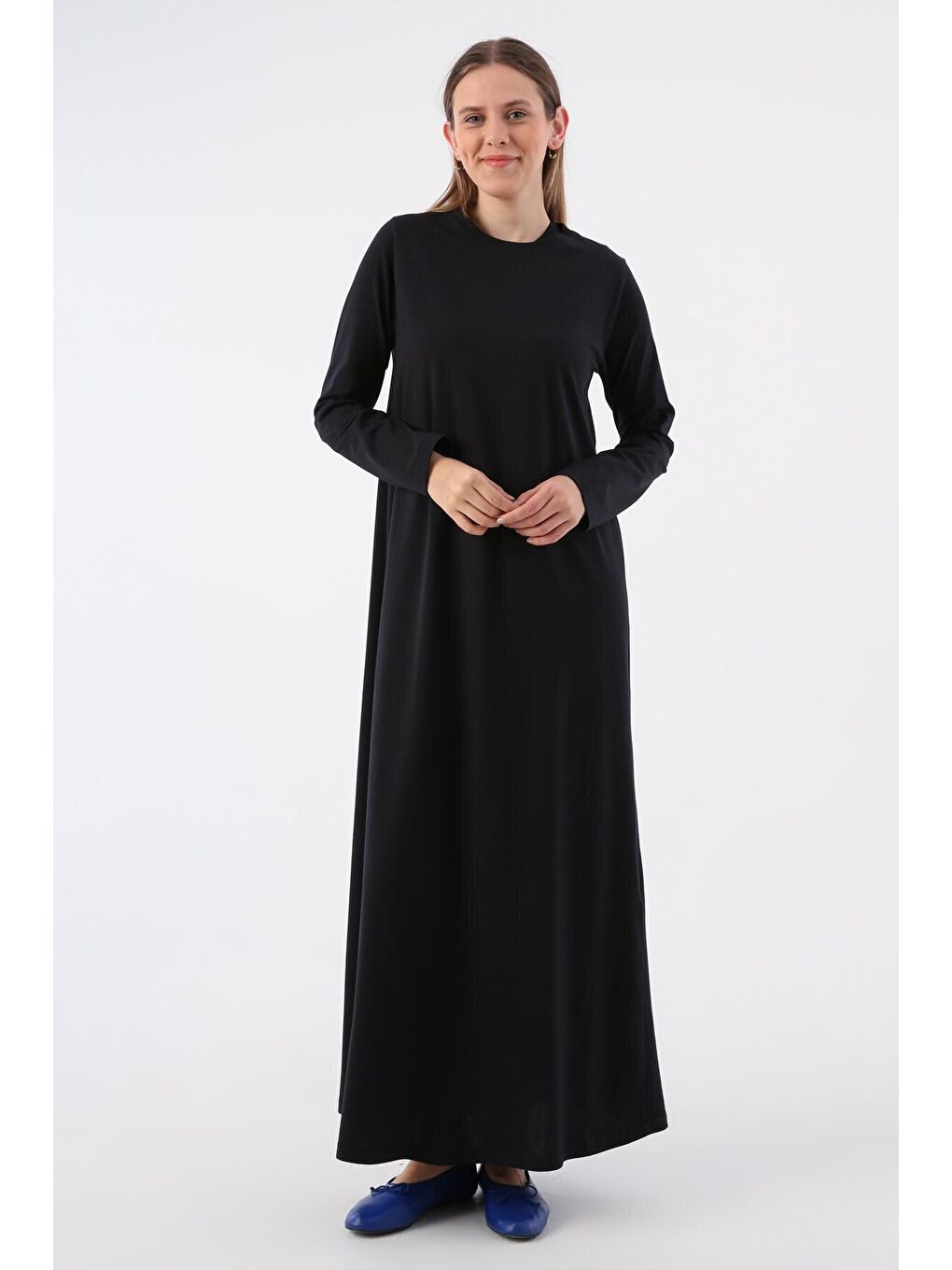 Siyah %100 Pamuk Uzun Kollu Penye İçlik Elbise