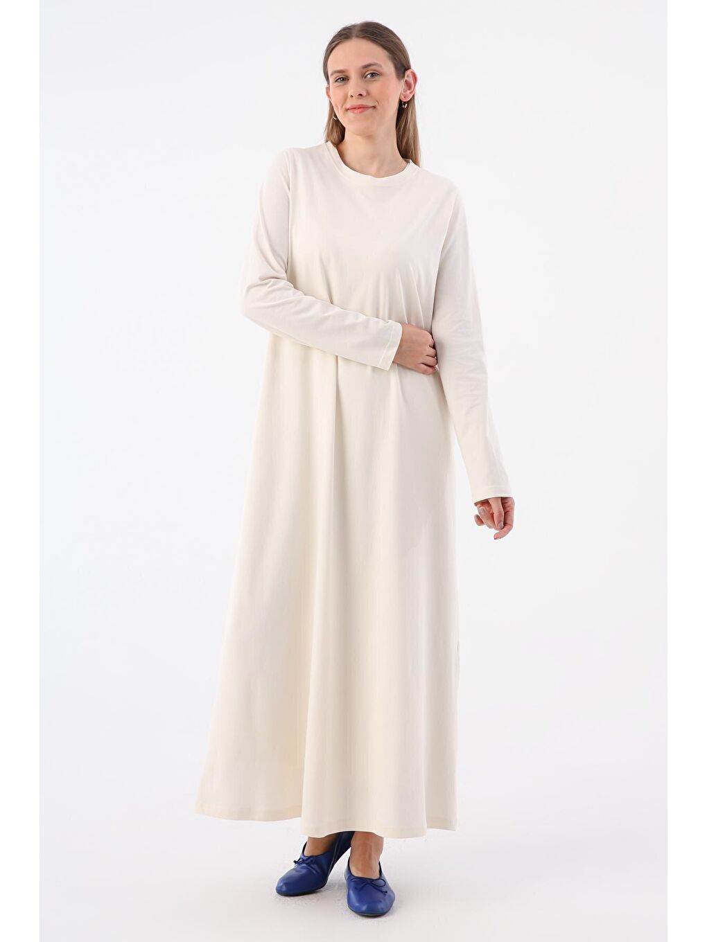 Açık Bej %100 Pamuk Uzun Kollu Penye İçlik Elbise