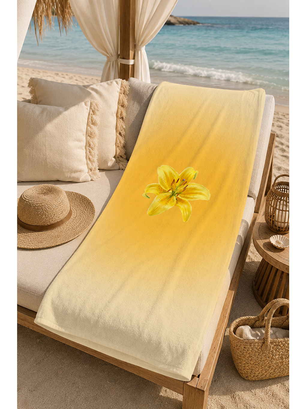 Ekru Cicek Gecisli 70x150 Plaj Havlusu Yumusak Dokulu Deniz Sahil Havuz Ve Tatil Kullanimi Modeli Yeni-6