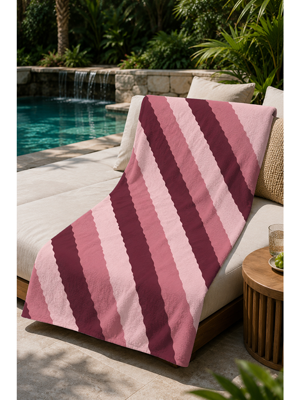 Bej Bordo Pembe Çapraz Şerit Desenli 70x150 Plaj Havlusu-2