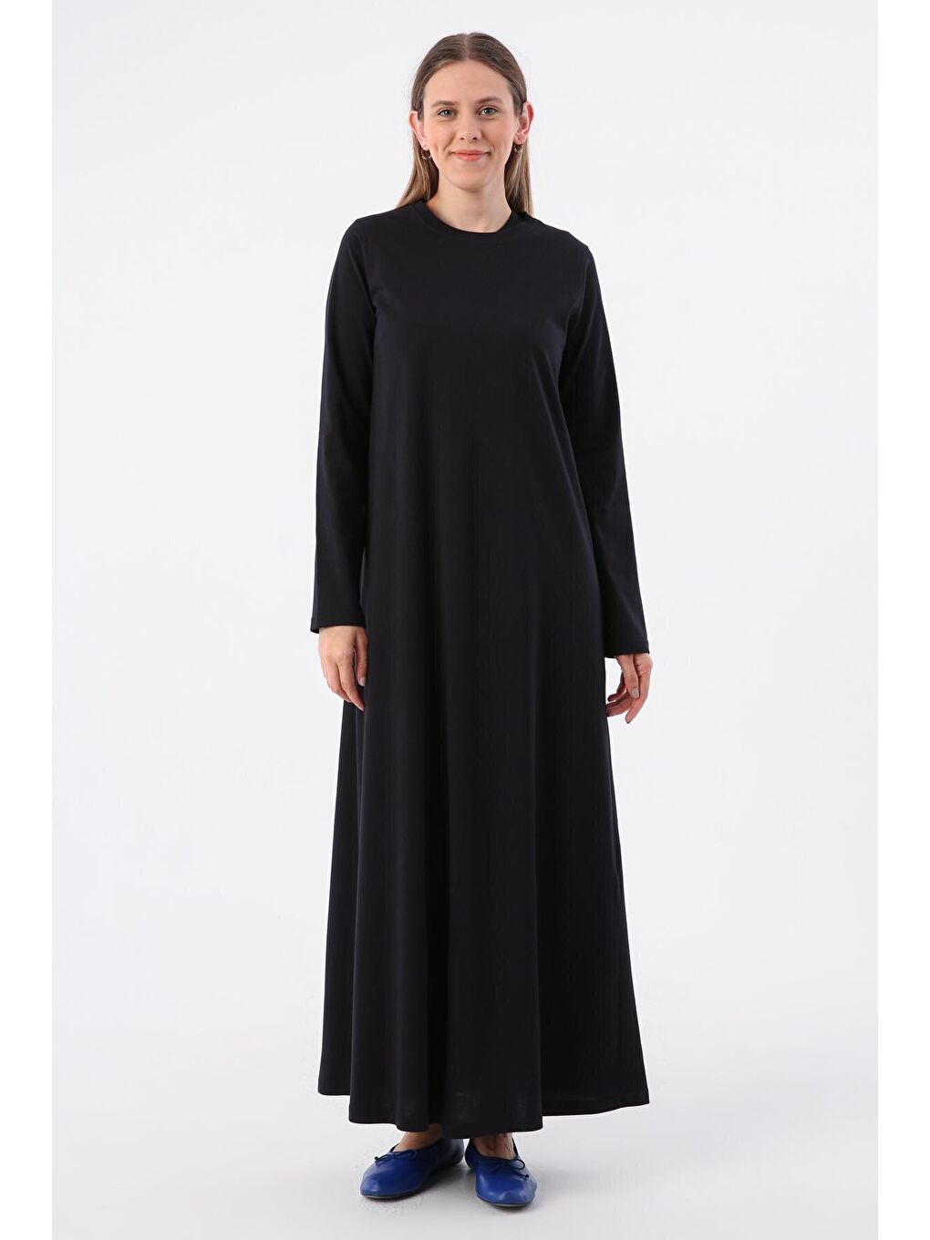 Siyah %100 Pamuk Uzun Kollu Penye İçlik Elbise-1