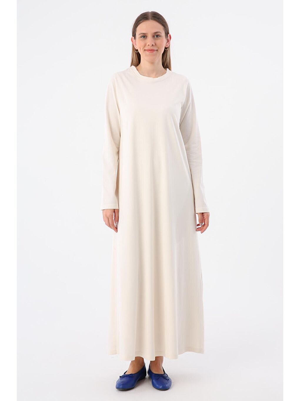 Açık Bej %100 Pamuk Uzun Kollu Penye İçlik Elbise-1