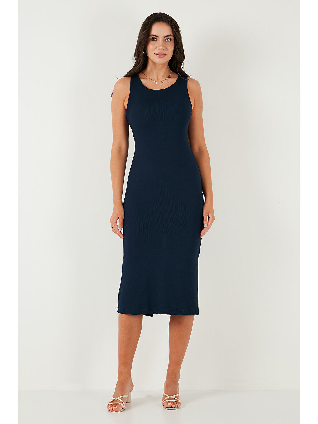 Lacivert Fitilli Slim Fit Bisiklet Yaka Yırtmaçlı Midi Boy Kadın Elbise 5866101-3