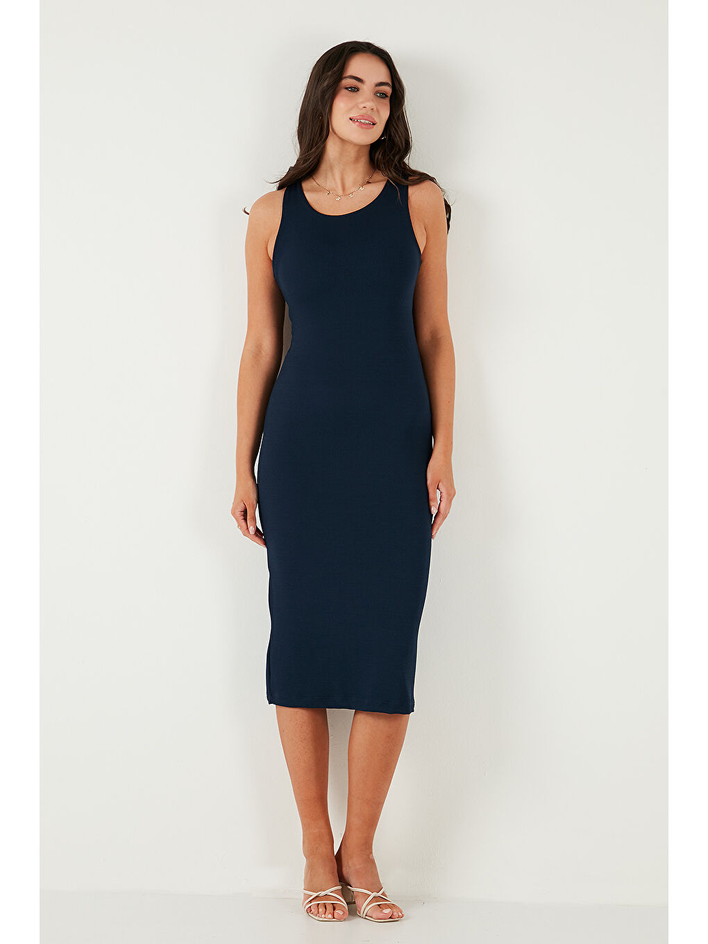 Lacivert Fitilli Slim Fit Bisiklet Yaka Yırtmaçlı Midi Boy Kadın Elbise 5866101-5