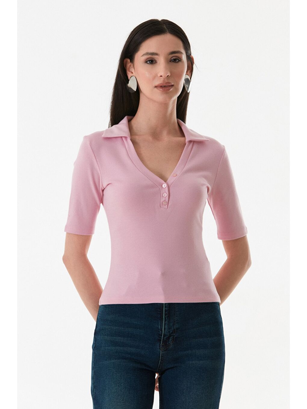 Pembe Önü Düğmeli Polo Yaka Elastanlı Bluz-1