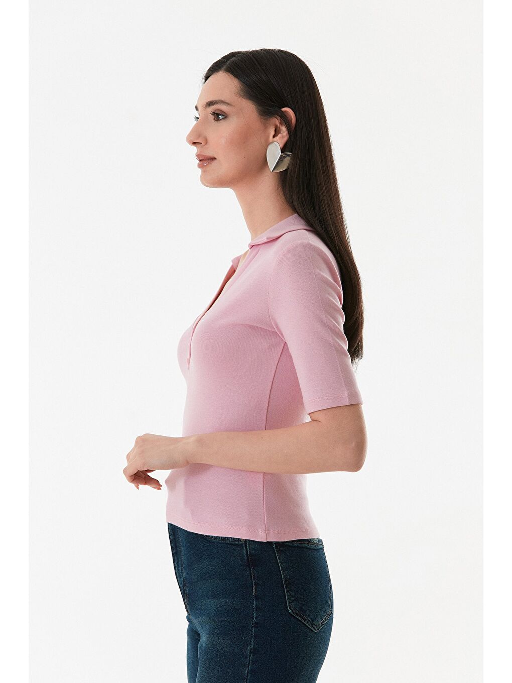 Pembe Önü Düğmeli Polo Yaka Elastanlı Bluz-3
