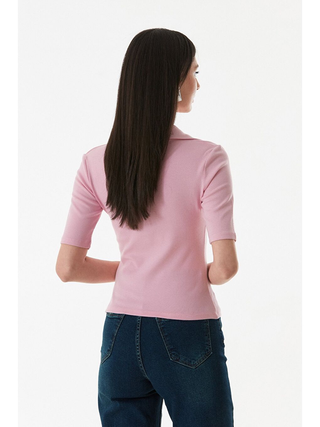 Pembe Önü Düğmeli Polo Yaka Elastanlı Bluz-4