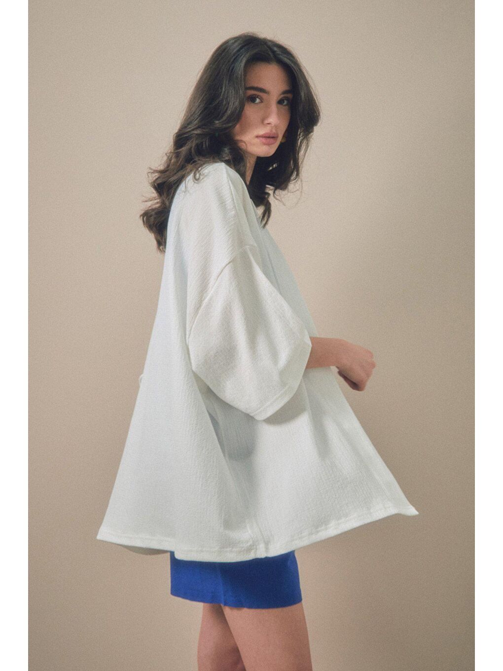 Ekru Basic Bürümcük Kumaş Şal Yaka Kimono