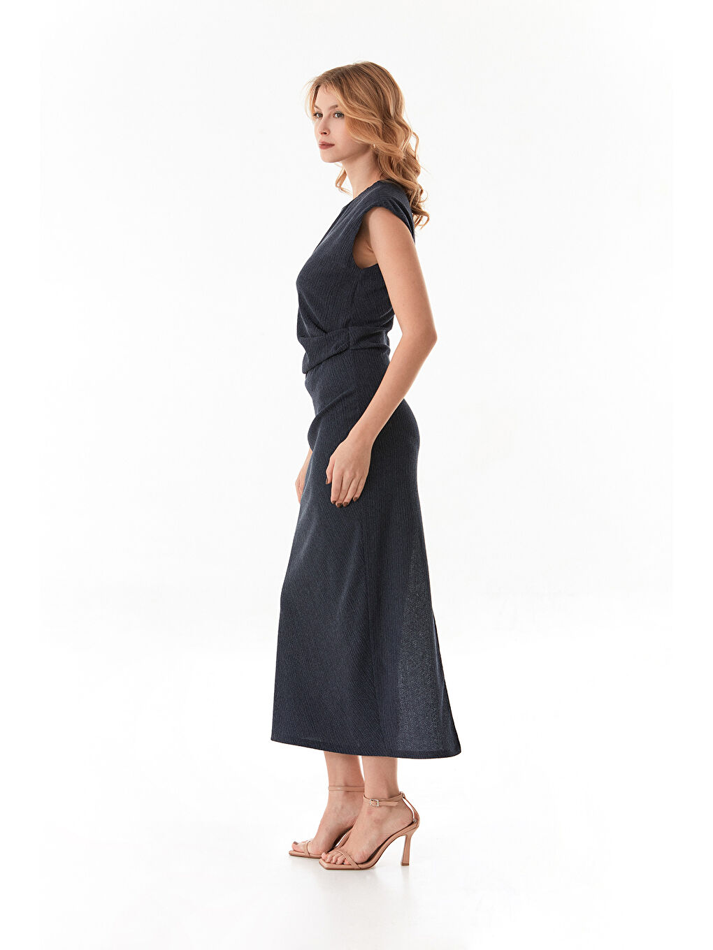 İndigo Bürümcük Kumaş Yanı Drapeli Yırtmaçlı Elbise-2