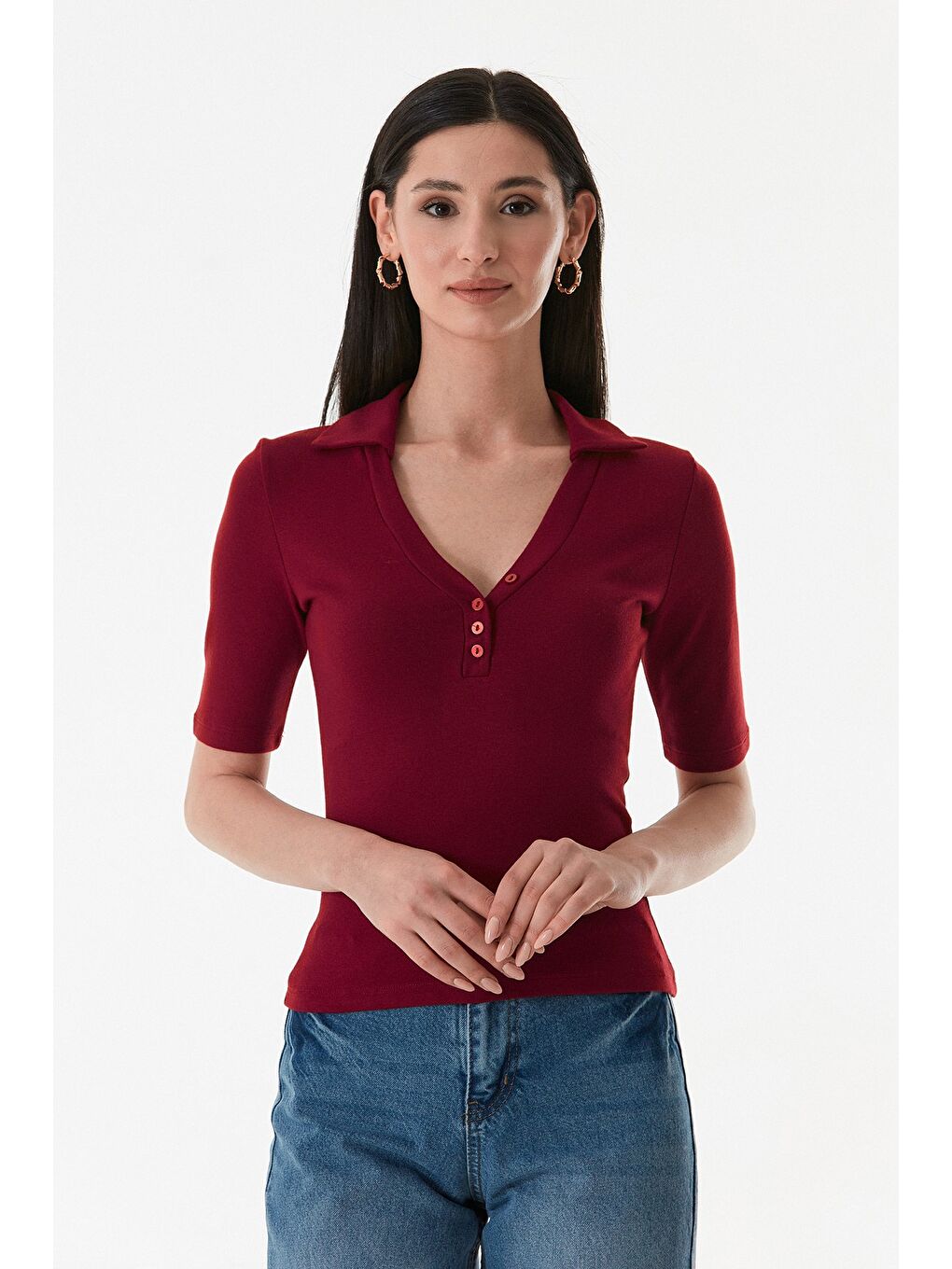 Bordo Önü Düğmeli Polo Yaka Elastanlı Bluz