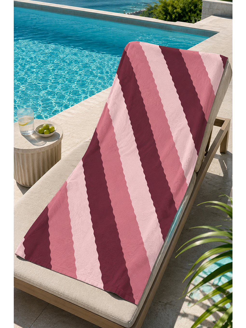 Bej Bordo Pembe Çapraz Şerit Desenli 70x150 Plaj Havlusu-3