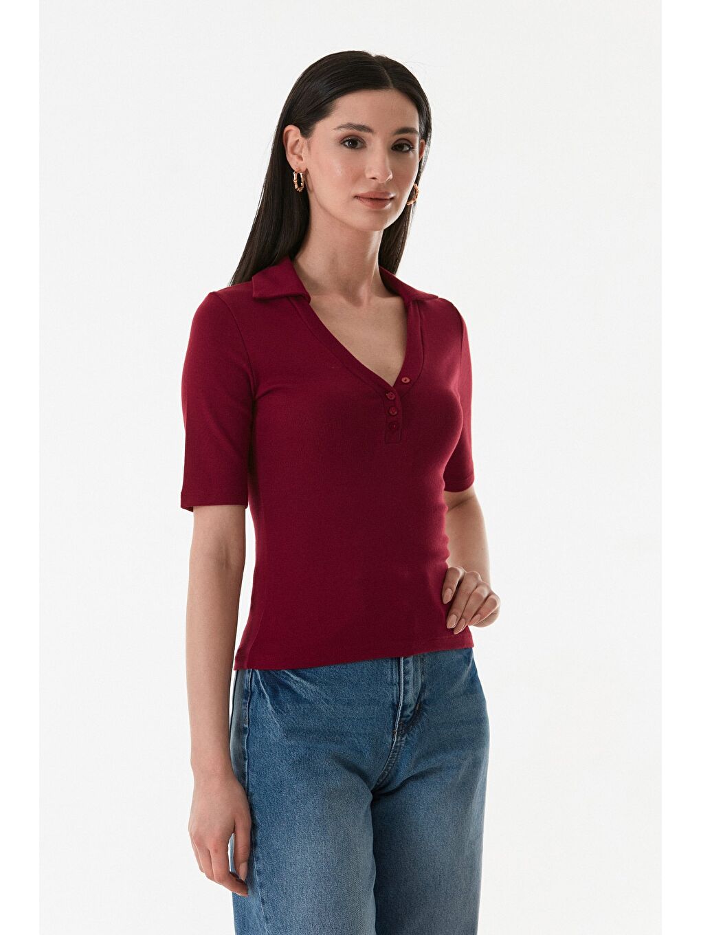 Bordo Önü Düğmeli Polo Yaka Elastanlı Bluz-1