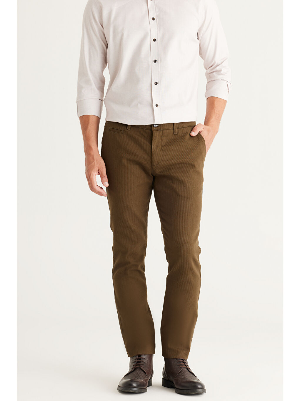 Erkek Haki Slim Fit Dar Kesim Yan Cepli Pamuklu Esnek Pantolon