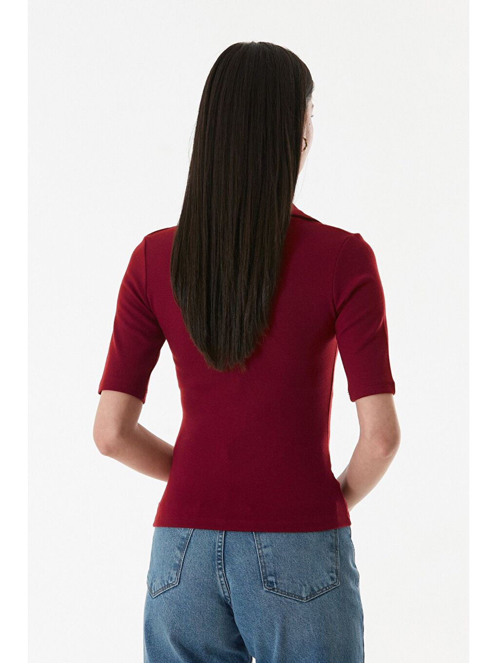 Bordo Önü Düğmeli Polo Yaka Elastanlı Bluz-4