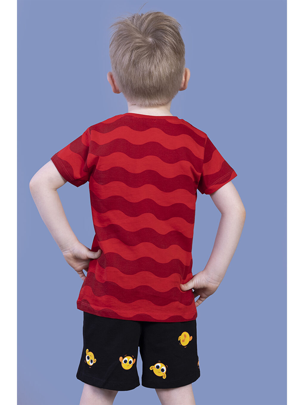 Kırmızı Erkek Çocuk Dalga Desenli Şortlu Takım-1