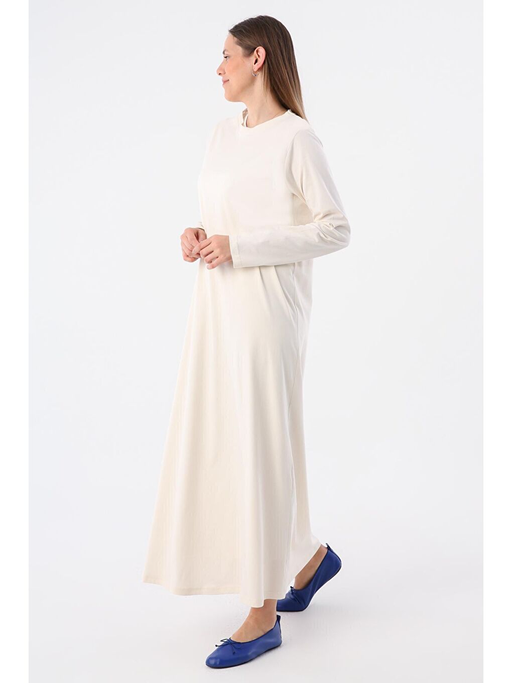 Açık Bej %100 Pamuk Uzun Kollu Penye İçlik Elbise-2