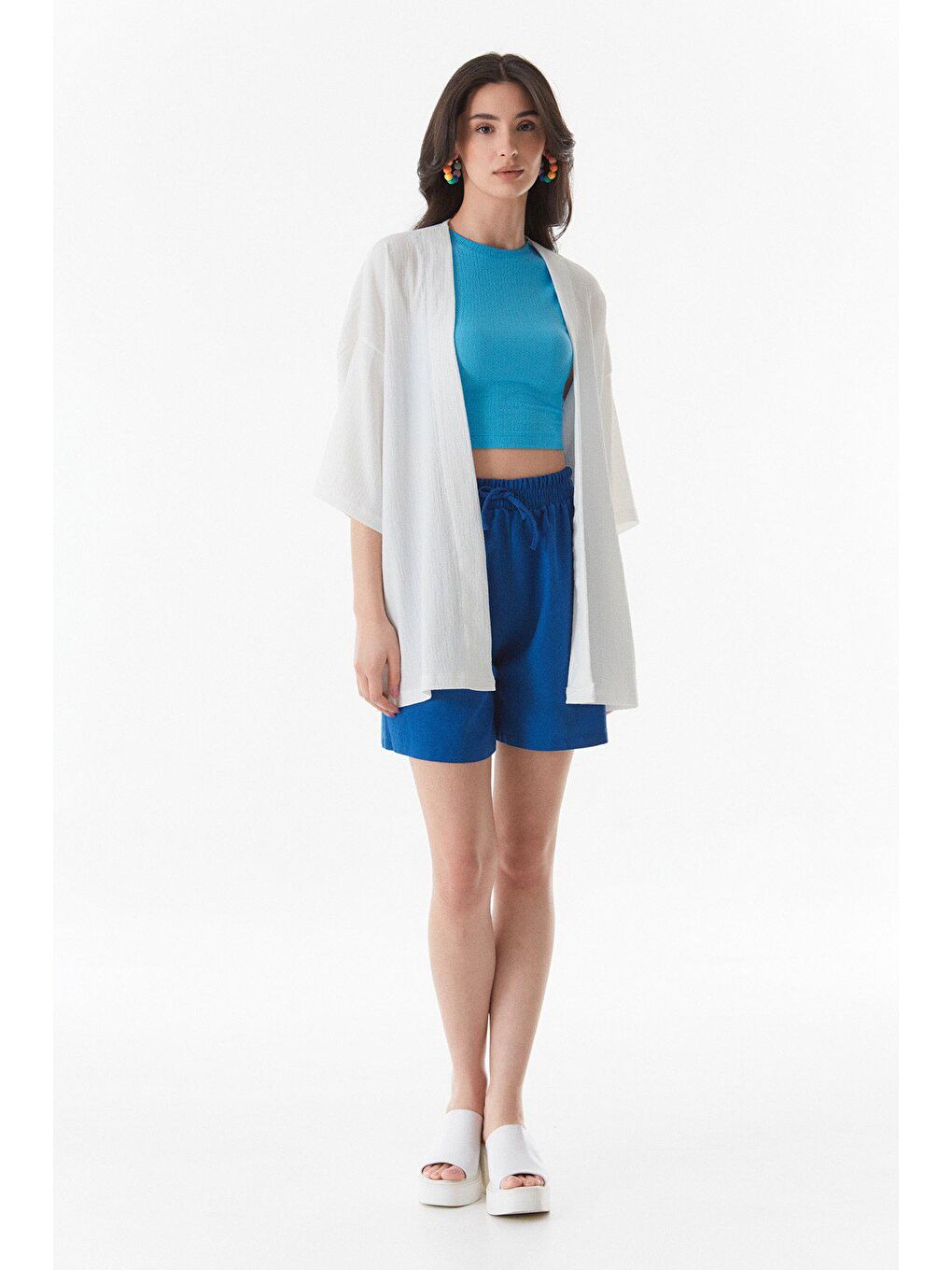 Ekru Basic Bürümcük Kumaş Şal Yaka Kimono-2