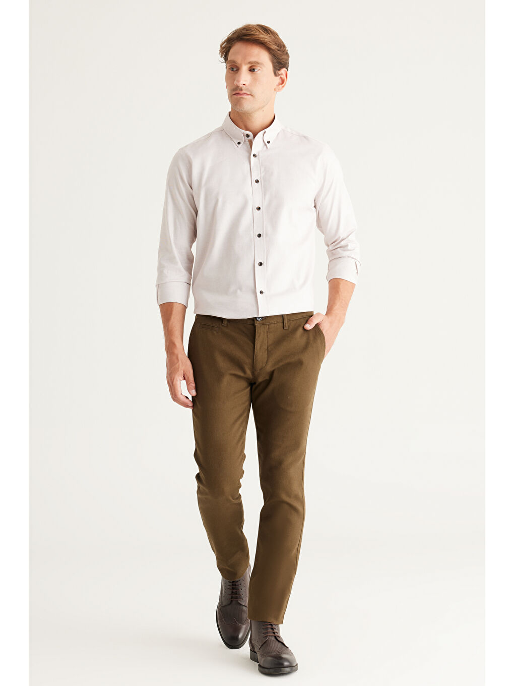 Erkek Haki Slim Fit Dar Kesim Yan Cepli Pamuklu Esnek Pantolon-1
