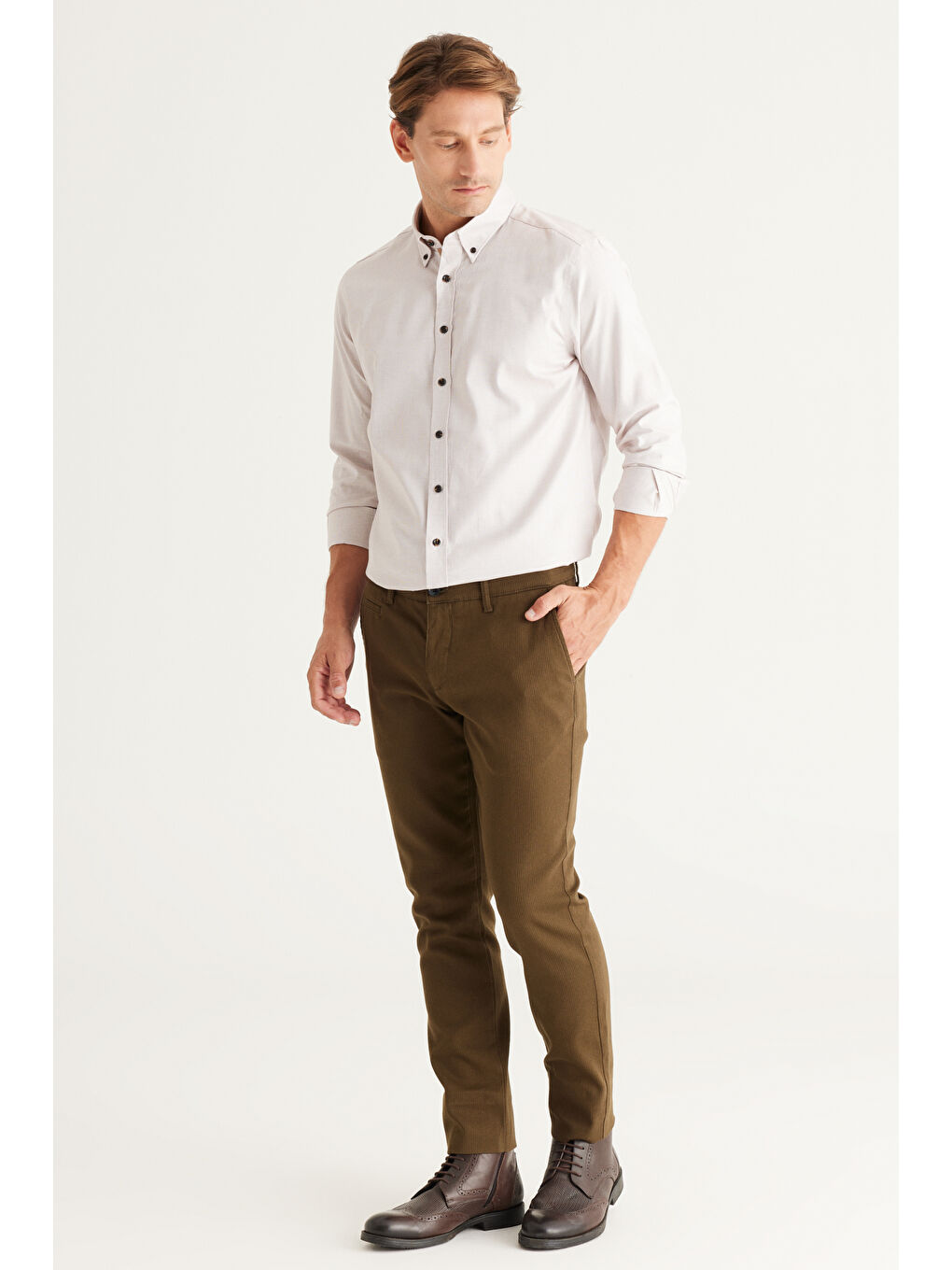 Erkek Haki Slim Fit Dar Kesim Yan Cepli Pamuklu Esnek Pantolon-2