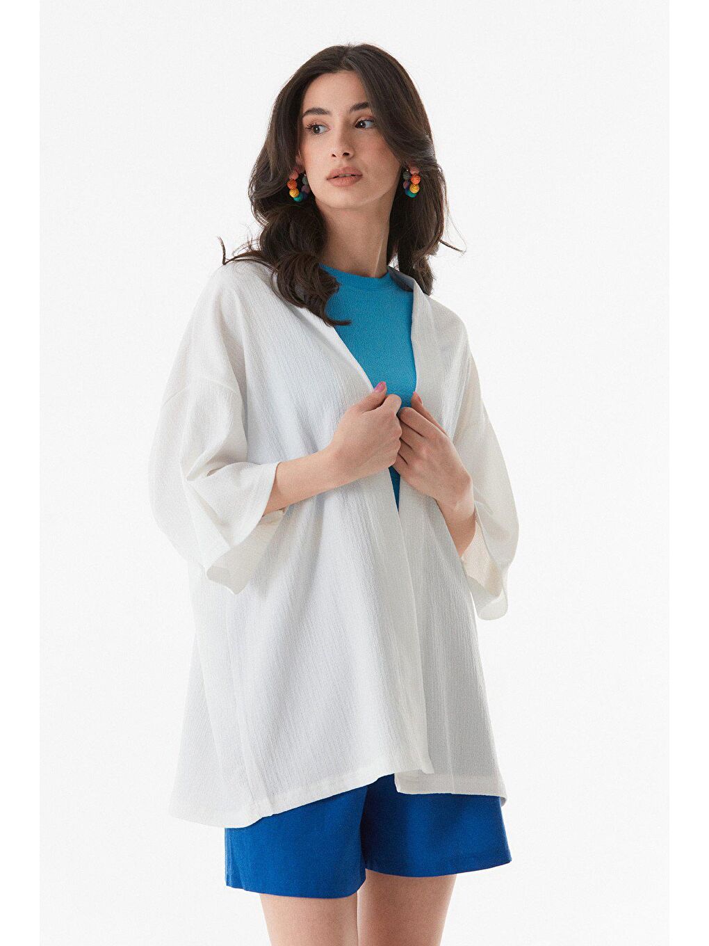 Ekru Basic Bürümcük Kumaş Şal Yaka Kimono-3