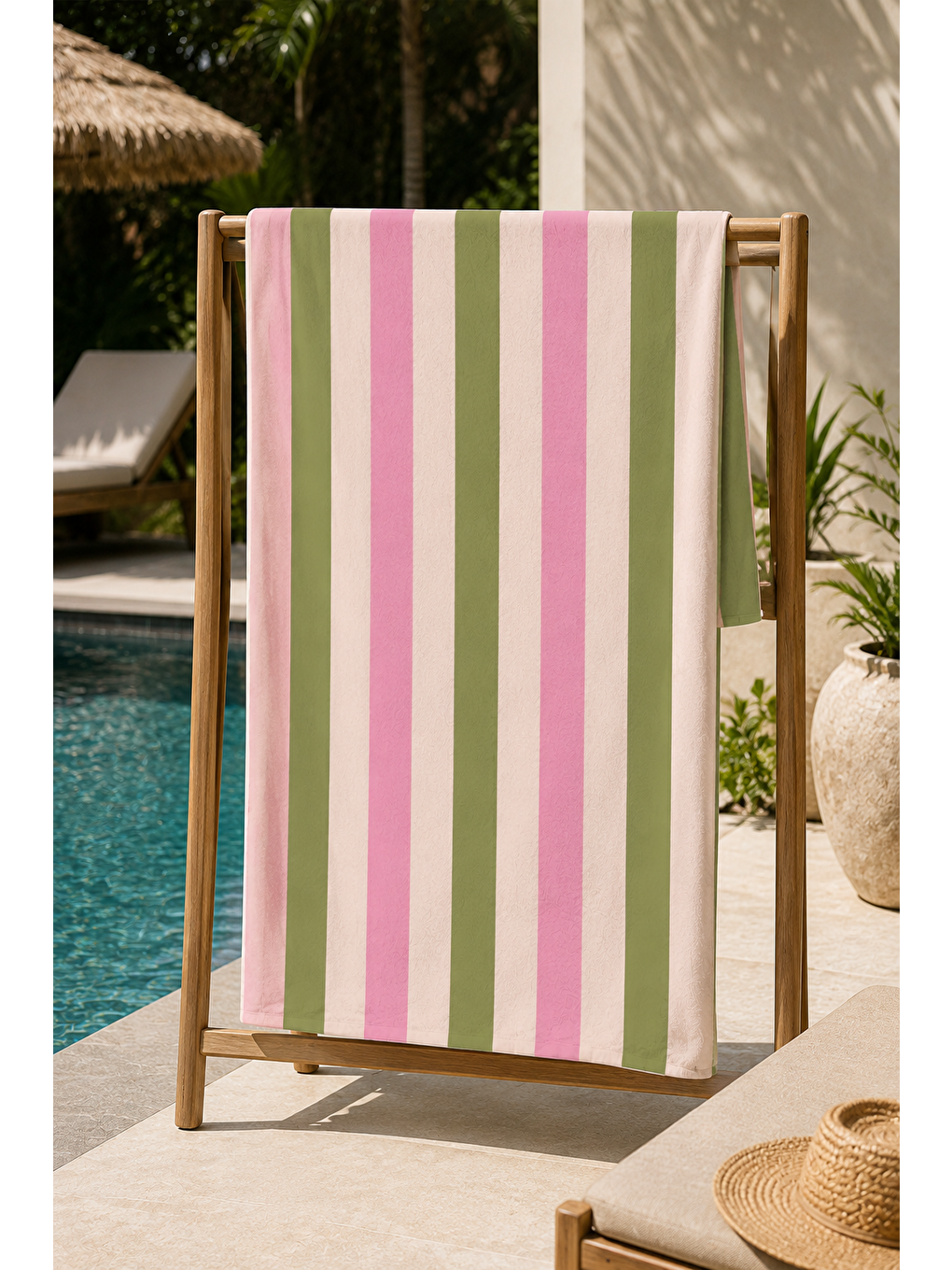 Lacivert Pembe Yeşil Dikey Şerit Desenli 70x150 Plaj Havlusu-3