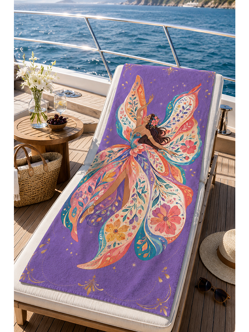 Beyaz Mor Peri Kelebek Desenli 70x150 Plaj Havlusu-4
