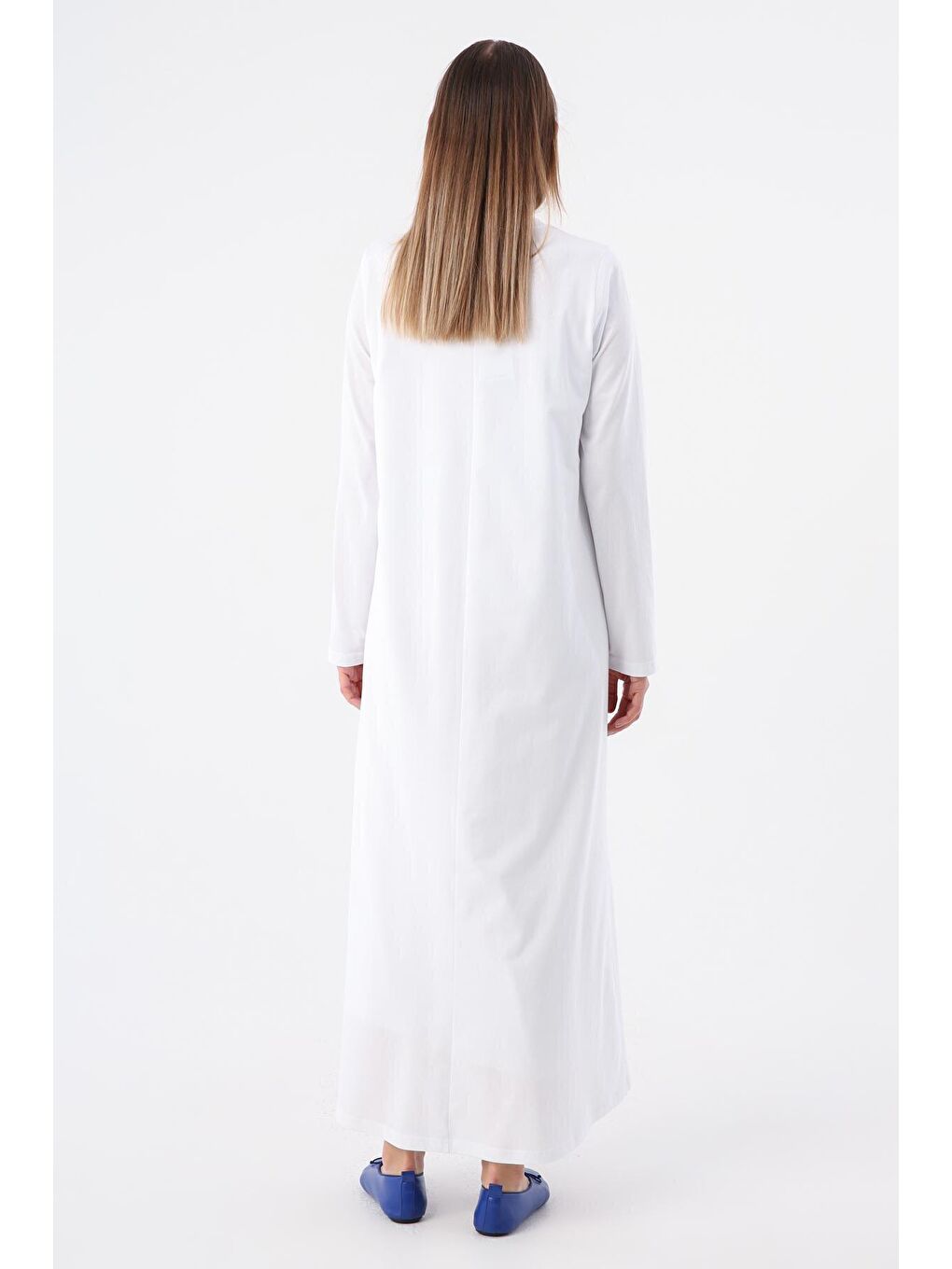 Beyaz %100 Pamuk Uzun Kollu Penye İçlik Elbise-3