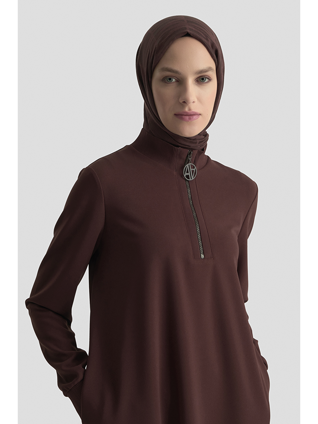 Kahverengi Fermuar Detaylı Basic Tunik Kahve-1
