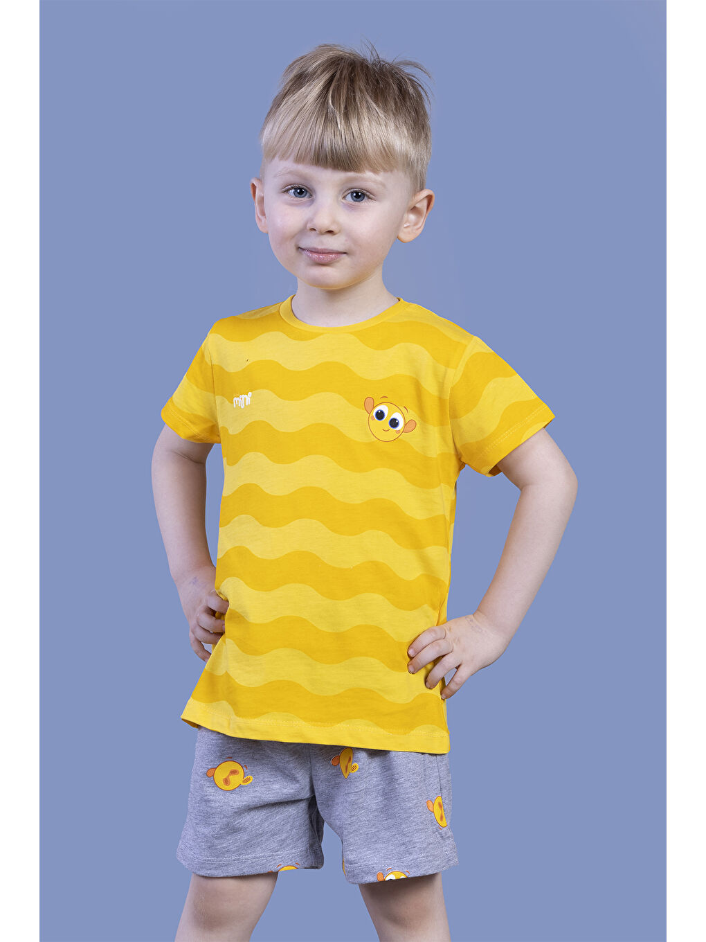 Sarı Erkek Çocuk Dalga Desenli Şortlu Takım-1