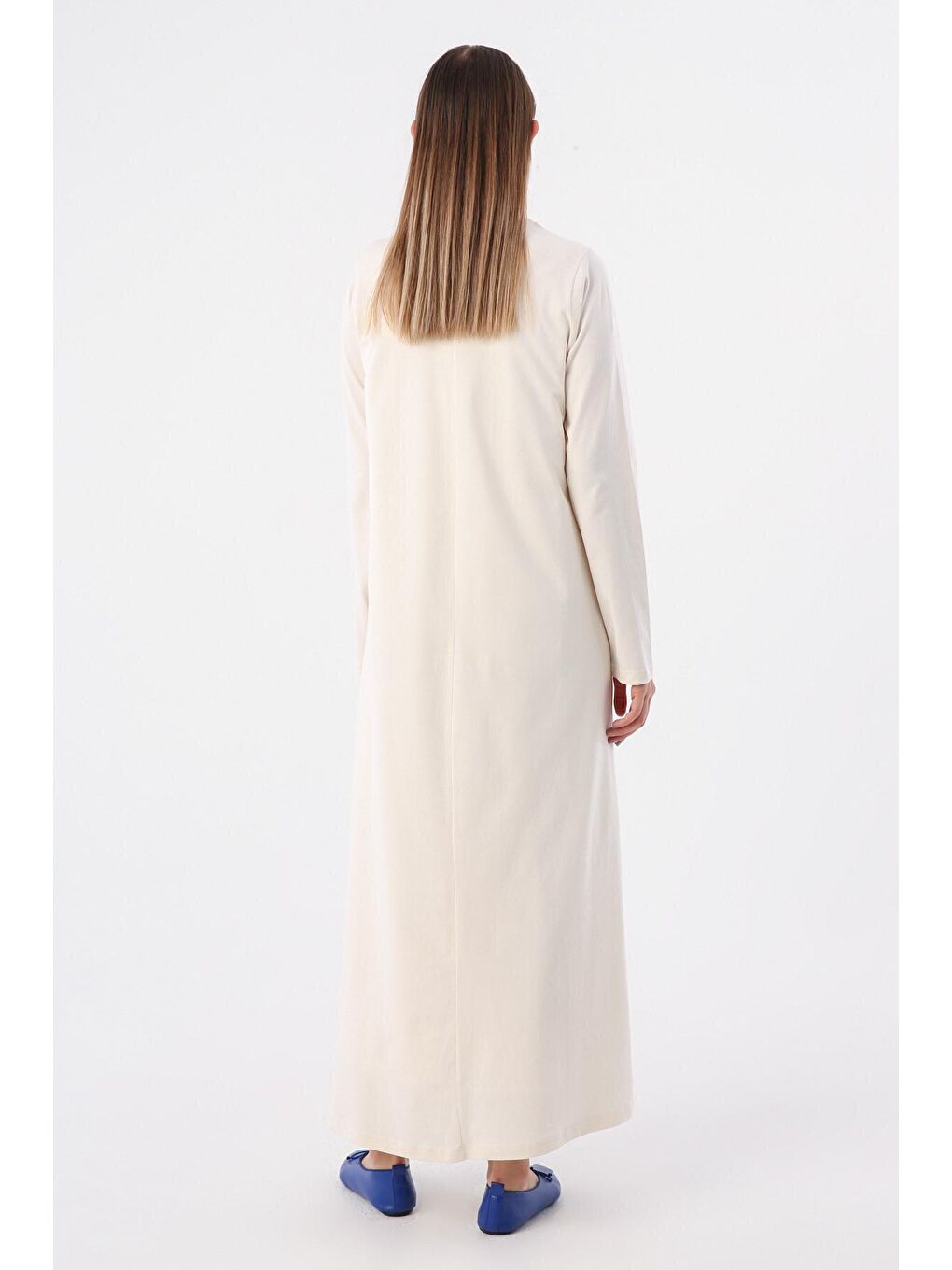 Açık Bej %100 Pamuk Uzun Kollu Penye İçlik Elbise-3