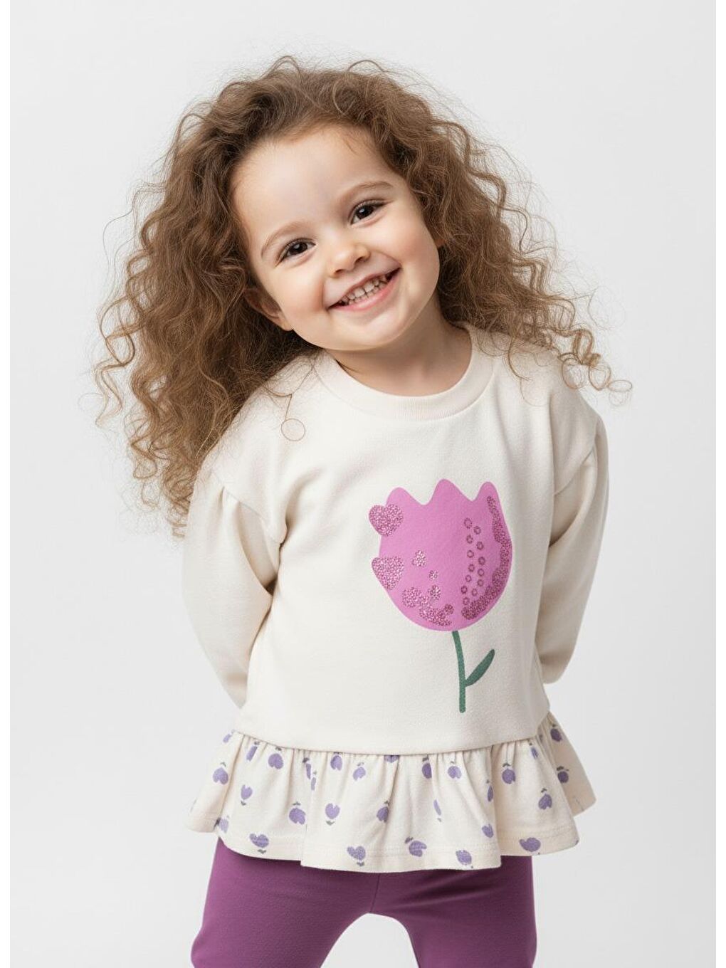 Kız Çocuk Oversize Çiçek Baskılı Pamuklu Ekru Sweatshirt