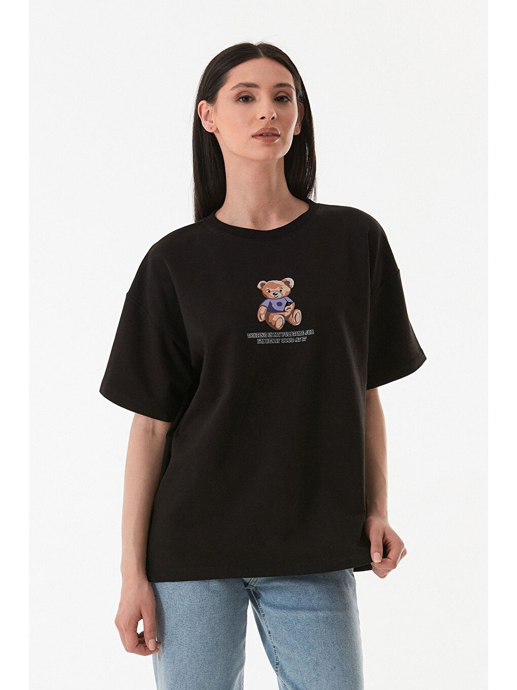 Siyah Ayıcık Ve Yazı Baskılı Oversize Tişört