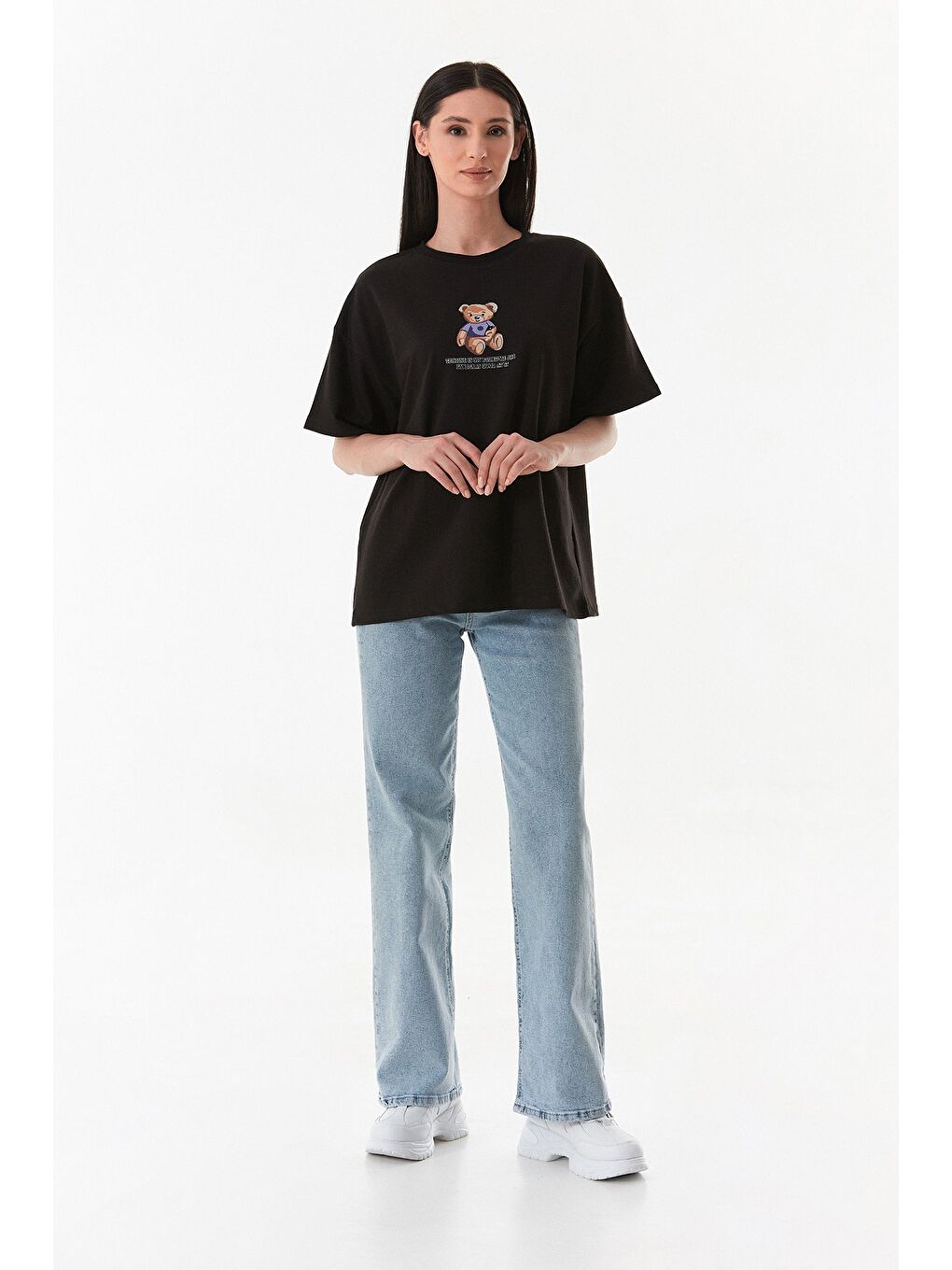 Siyah Ayıcık Ve Yazı Baskılı Oversize Tişört-1