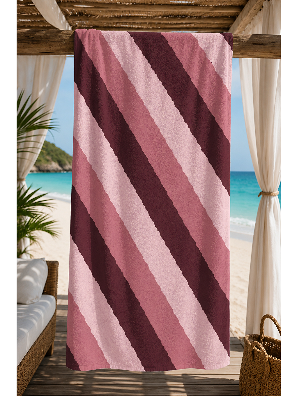 Bej Bordo Pembe Çapraz Şerit Desenli 70x150 Plaj Havlusu-4