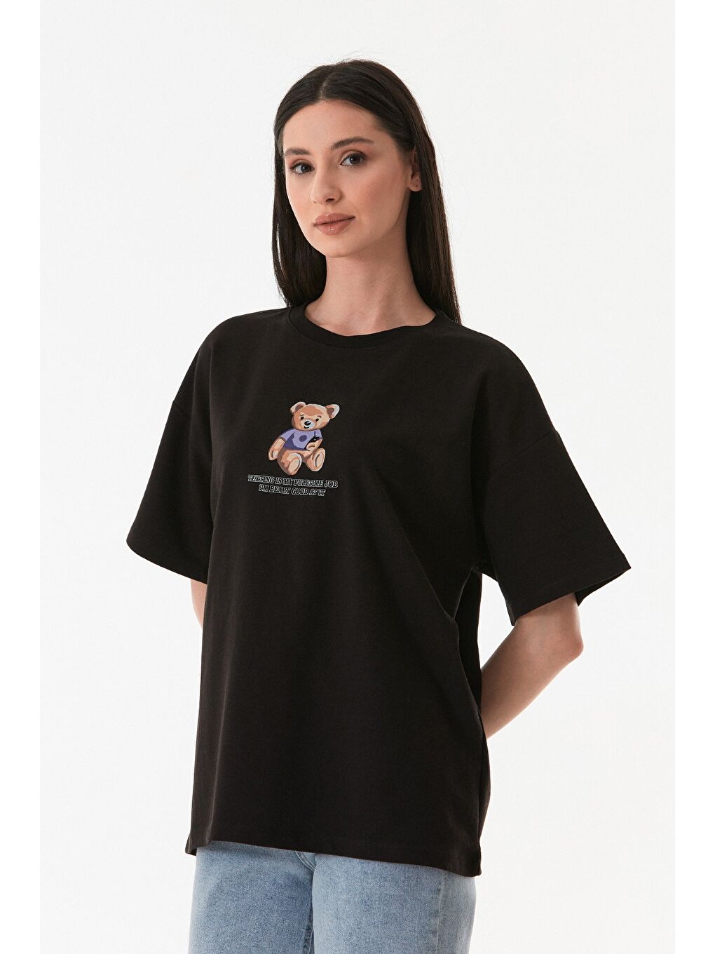 Siyah Ayıcık Ve Yazı Baskılı Oversize Tişört-4