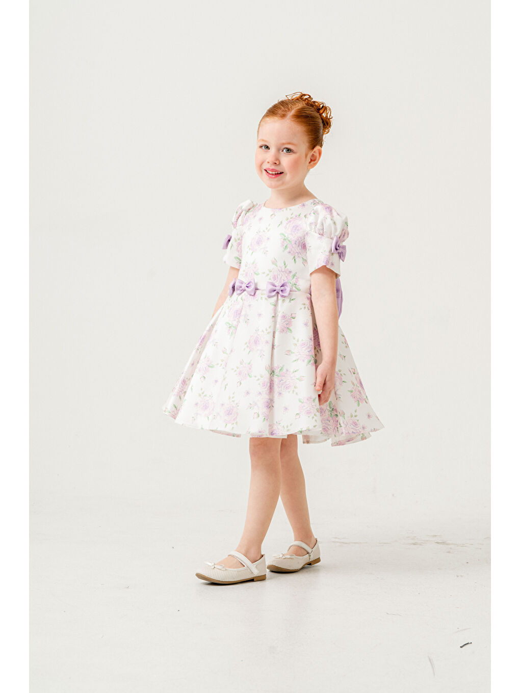 Lila Kolu Fiyonk Detaylı Çiçek Baskılı Günlük Jile Elbise-1