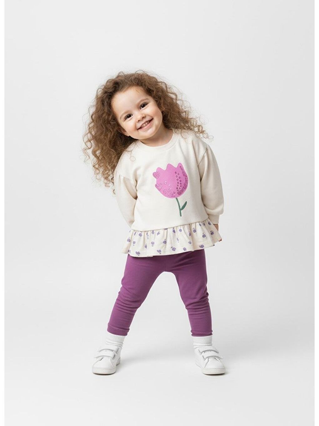 Kız Çocuk Oversize Çiçek Baskılı Pamuklu Ekru Sweatshirt-1