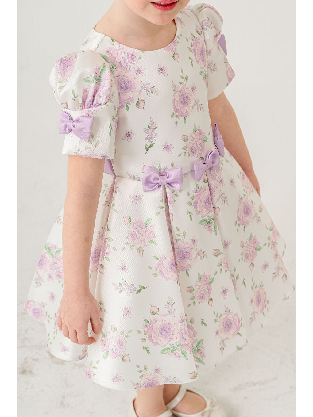 Lila Kolu Fiyonk Detaylı Çiçek Baskılı Günlük Jile Elbise-2