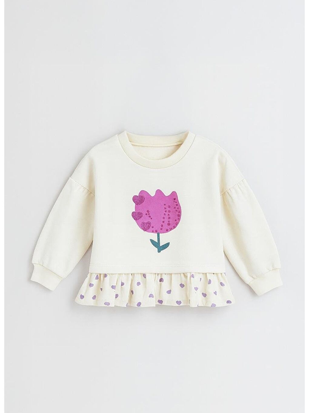 Kız Çocuk Oversize Çiçek Baskılı Pamuklu Ekru Sweatshirt-3