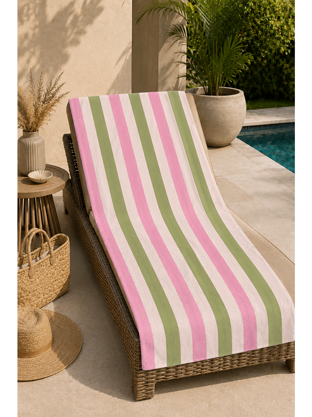 Lacivert Pembe Yeşil Dikey Şerit Desenli 70x150 Plaj Havlusu-4