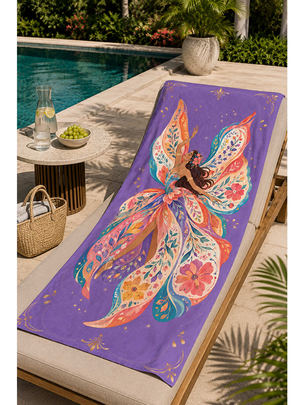 Beyaz Mor Peri Kelebek Desenli 70x150 Plaj Havlusu-5