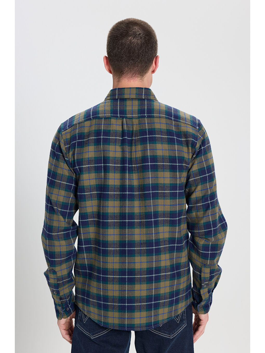 Regular Fit Normal Kesim %100 Pamuk Zeytin Yeşil Flanel Gömlek-4
