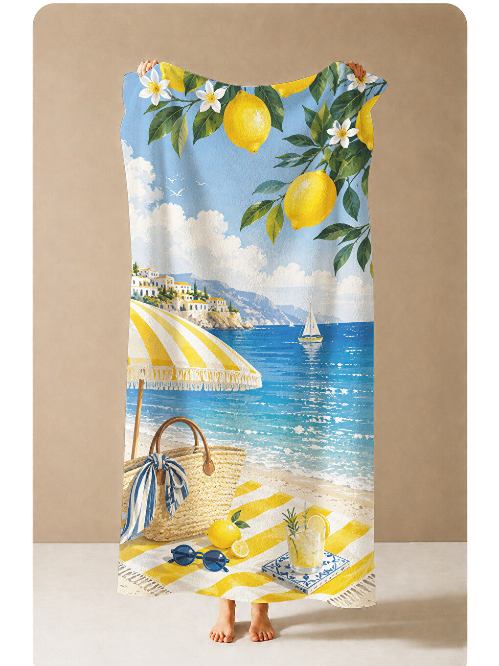 Sarı Akdeniz Limon Şemsiye Sahil Desenli 70x150 Plaj Havlusu - Dijital Baskılı Solmaz Banyo Havlusu-1