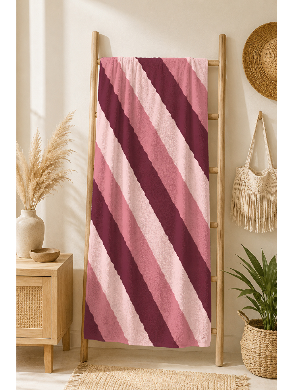 Bej Bordo Pembe Çapraz Şerit Desenli 70x150 Plaj Havlusu-5
