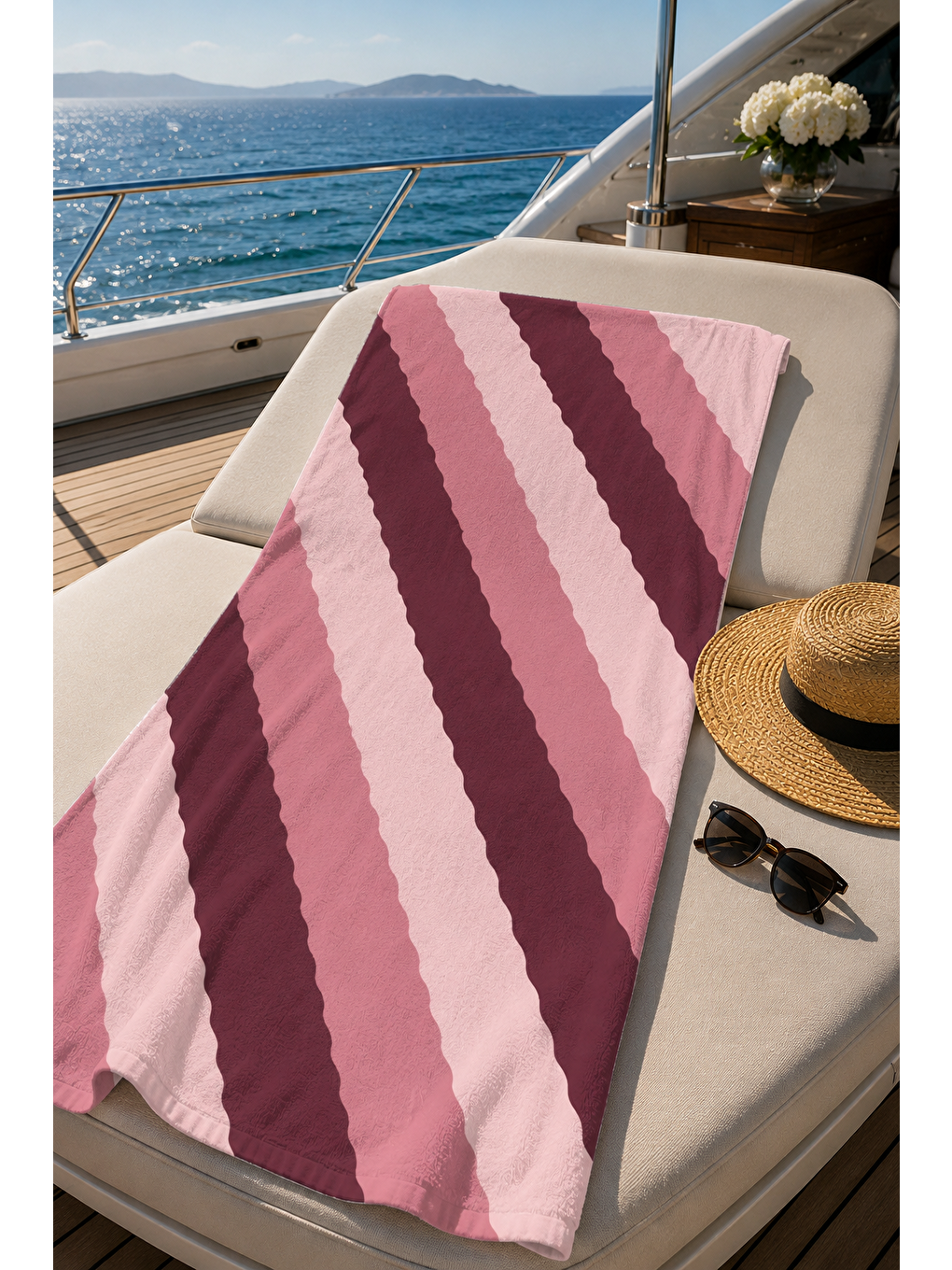 Bej Bordo Pembe Çapraz Şerit Desenli 70x150 Plaj Havlusu-6