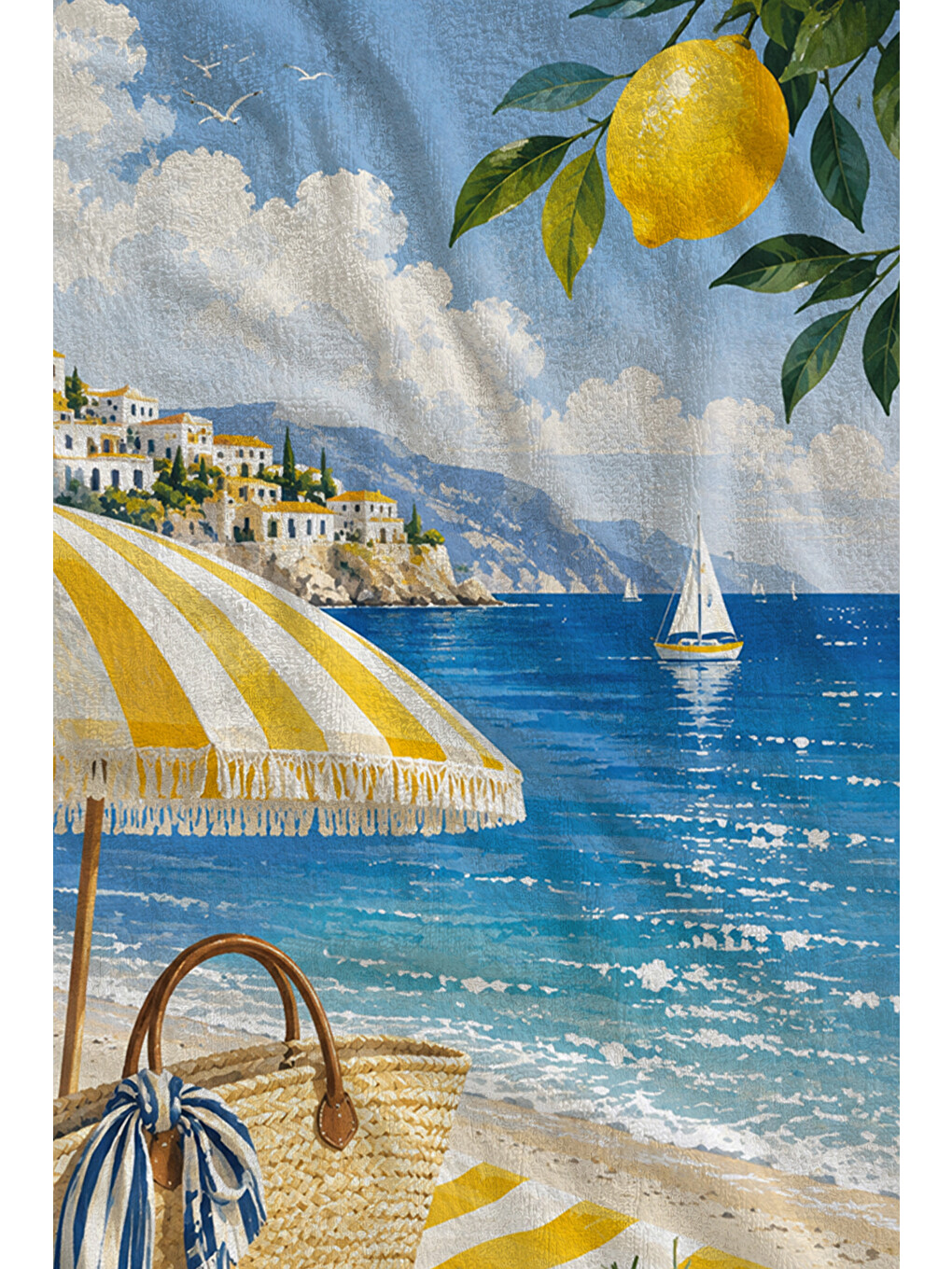 Sarı Akdeniz Limon Şemsiye Sahil Desenli 70x150 Plaj Havlusu - Dijital Baskılı Solmaz Banyo Havlusu-2