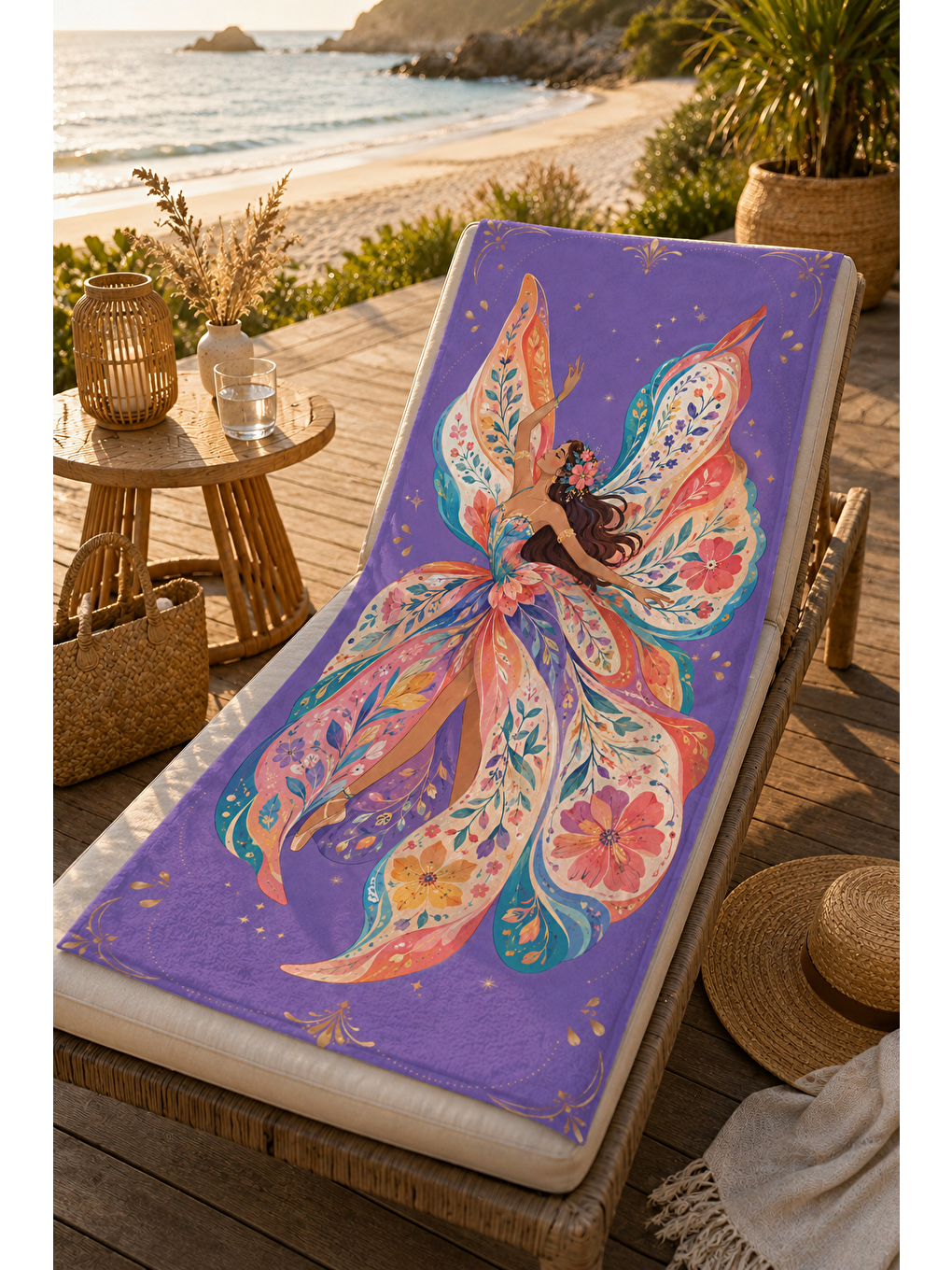 Beyaz Mor Peri Kelebek Desenli 70x150 Plaj Havlusu-6