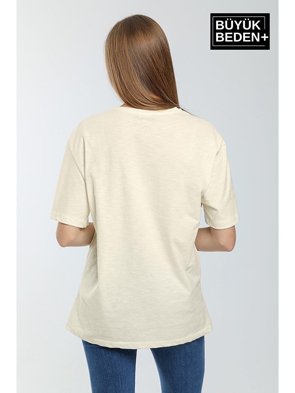 Bej Kadın Büyük Beden El Yazılı Brooklyn Baskılı Bisiklet Yaka Tshırt SPR25BTSK12-1