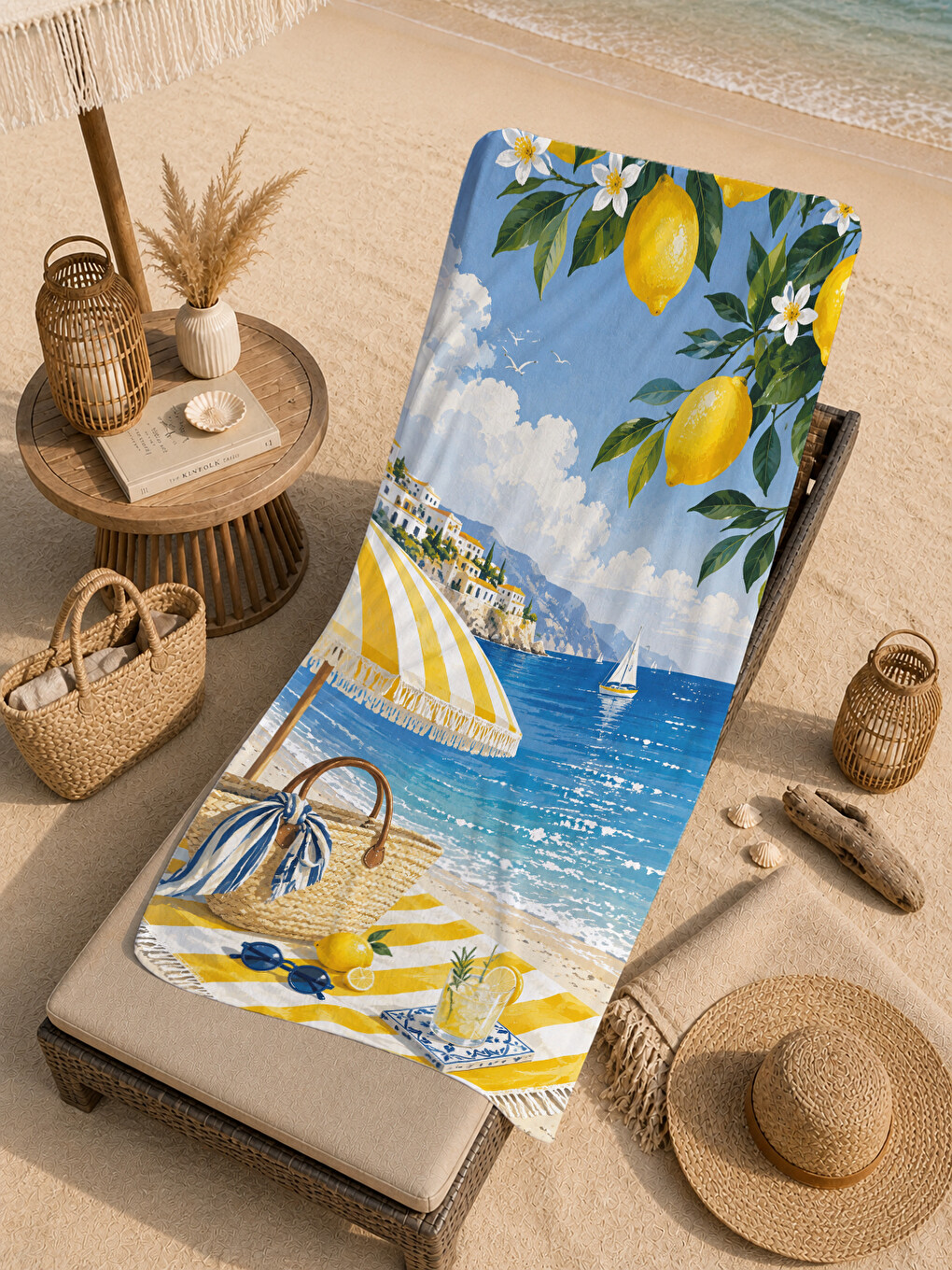 Sarı Akdeniz Limon Şemsiye Sahil Desenli 70x150 Plaj Havlusu - Dijital Baskılı Solmaz Banyo Havlusu-3